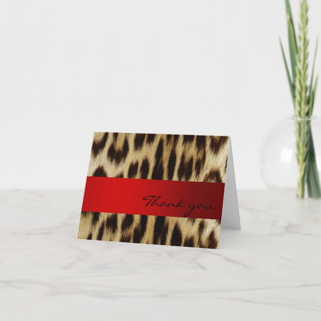 Red Leopard Monogram Stripes Thank You Note Card (Front)