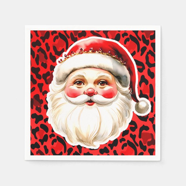 Red Leopard Print Retro Santa Claus Christmas Napkin (Front)