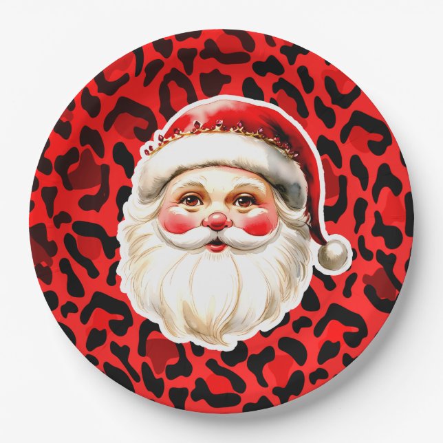 Red Leopard Print Retro Santa Claus Christmas Paper Plate (Front)