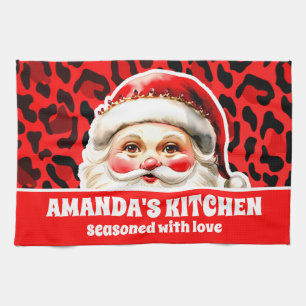 Red Leopard Print Retro Santa Claus Christmas Tea Towel