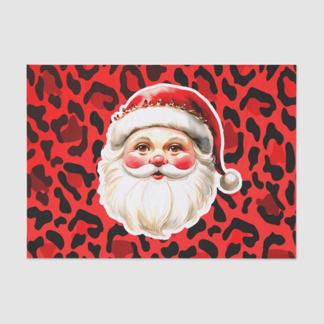 Red Leopard Print Retro Santa Claus Christmas Tissue Paper (Front)