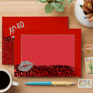 Red Leopard Print Silver Kiss Envelope