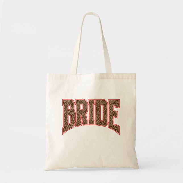 Red + Leopard Print Varsity BRIDE Tote Bag (Front)