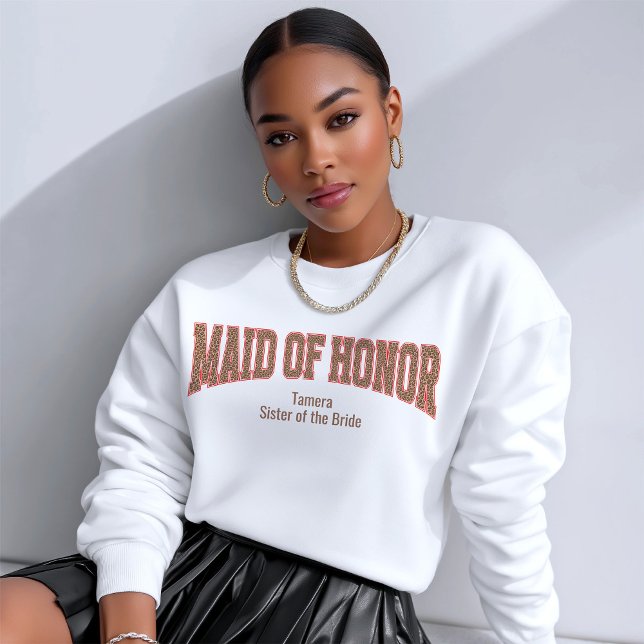 Red + Leopard Print Varsity MAID OF HONOR Sweatshirt (Personalize with names, dates, locations or events)