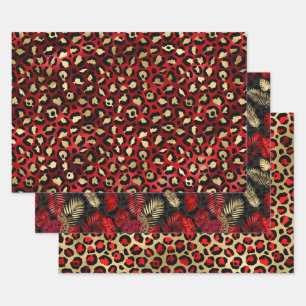 Red Leopard Print with Gold Tropical Leaves Wrapping Paper Sheet