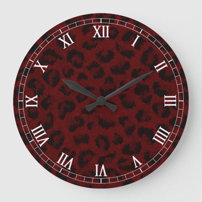 Red Leopard Skin Round Roman Numerals Clock (Front)