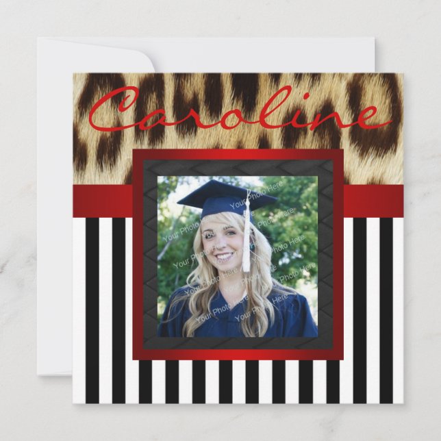 Red Leopard Stripes Grad Photo Invite (Front)