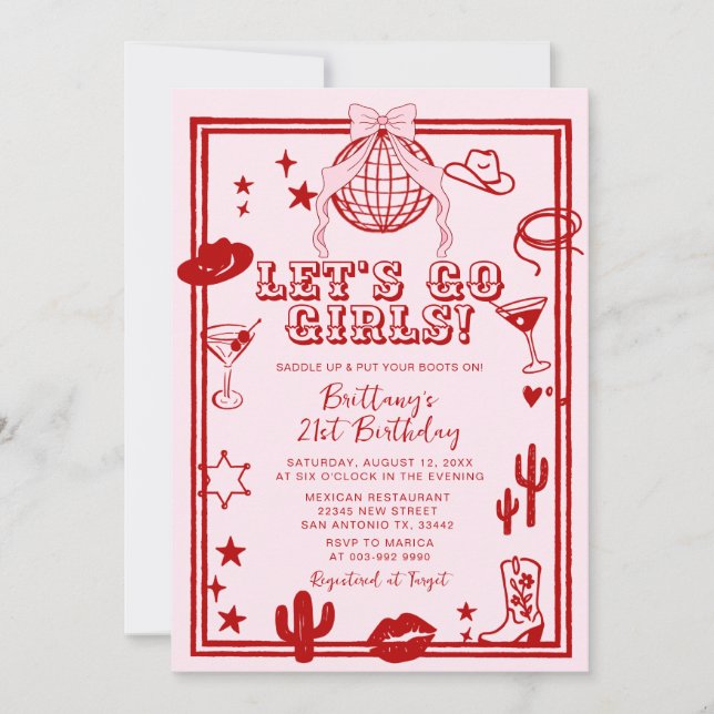 Red Let's Go Girls Birthday Party Invitation (Front)