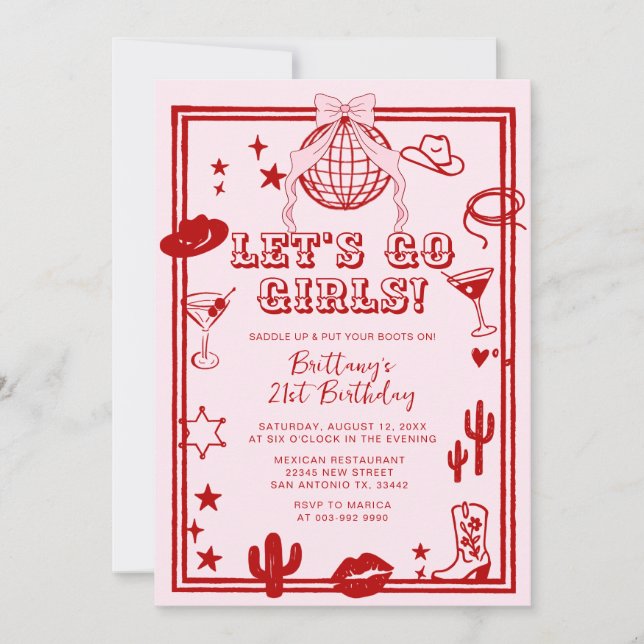 Red Let's Go Girls Birthday Party Invitation (Front)