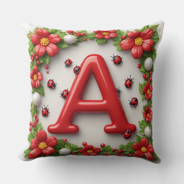 🐞 Red Letter A with Ladybugs Poppies Cushion (Front)