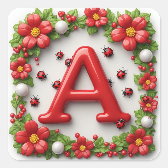 🐞 Red Letter A with Ladybugs Poppies Square Sticker (Front)