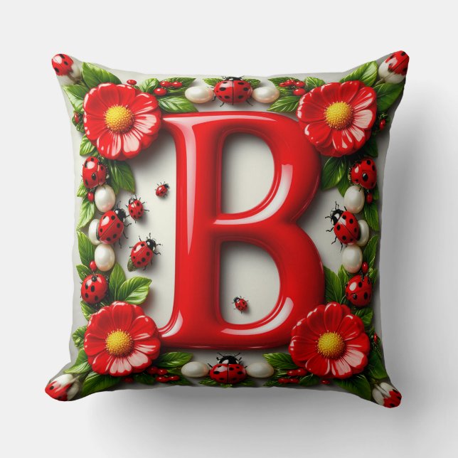 🐞 Red Letter B Name Plate Ladybugs Poppies Cushion (Front)