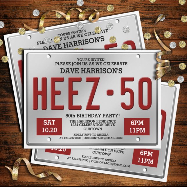Red License Plate 50th Birthday Invitations (Creator Uploaded)