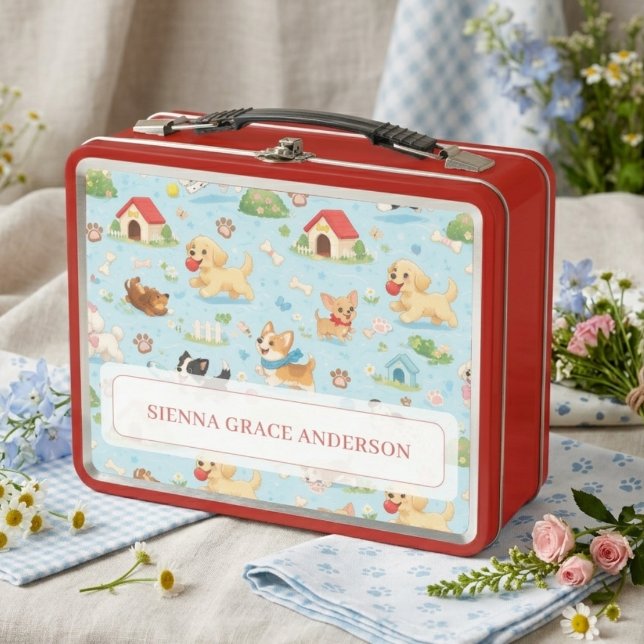 Red Light Blue Cute Puppies Pattern MH26 Metal Lunch Box (Red and Light Blue Cute Puppies Pattern Kids Metal Lunch Box with Adorable Playful Dogs.)