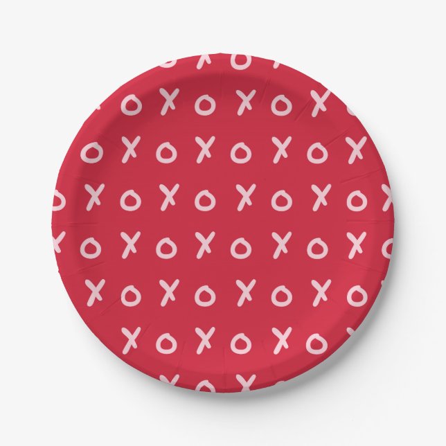 Red & Light Pink X O XO XO's Trendy Cute Paper Plate (Front)