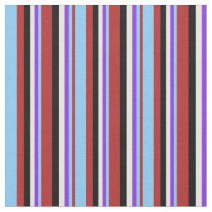 Red, Light Sky Blue, Purple, White & Black Lines Fabric