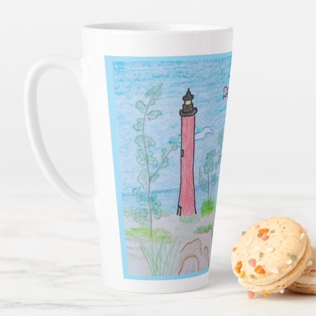Red Lighthouse Blue Outline Latte Mug (In Situ)