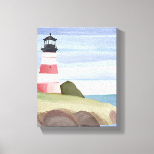 Red Lighthouse Coastal Ocean Watercolor Painting Canvas Print