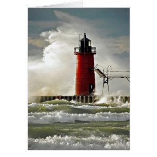 red lighthouse in storm