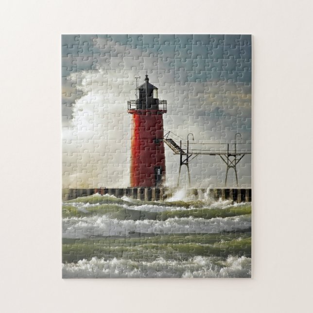 red lighthouse in wind storm jigsaw puzzle (Vertical)