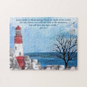 Red Lighthouse Scripture Watercolor Scene  Jigsaw Puzzle
