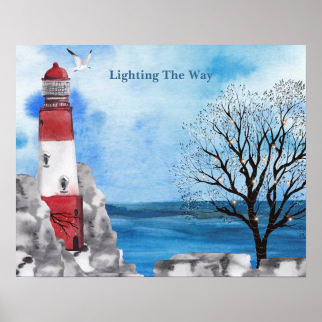Red Lighthouse Watercolor Scene Poster (Front)