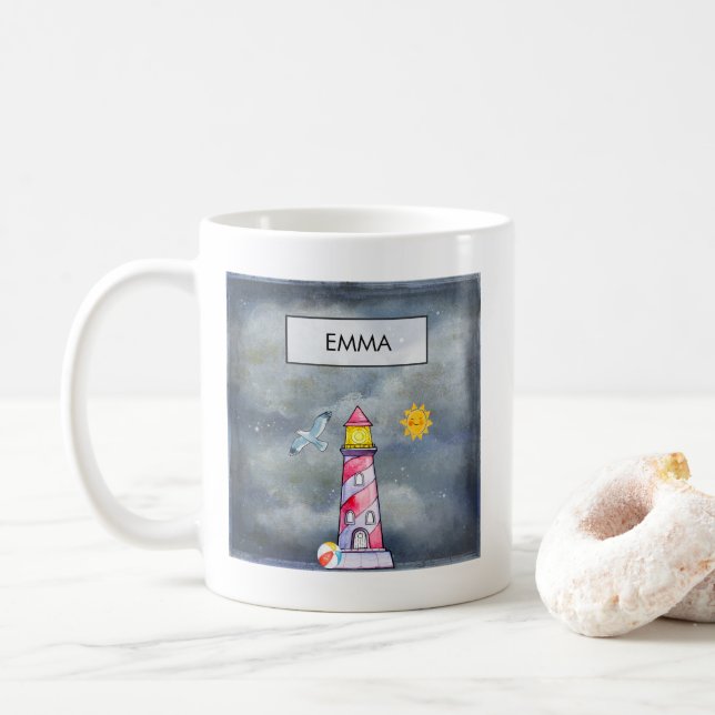 Red Lighthouse with a Stormy Background Custom Coffee Mug (With Donut)