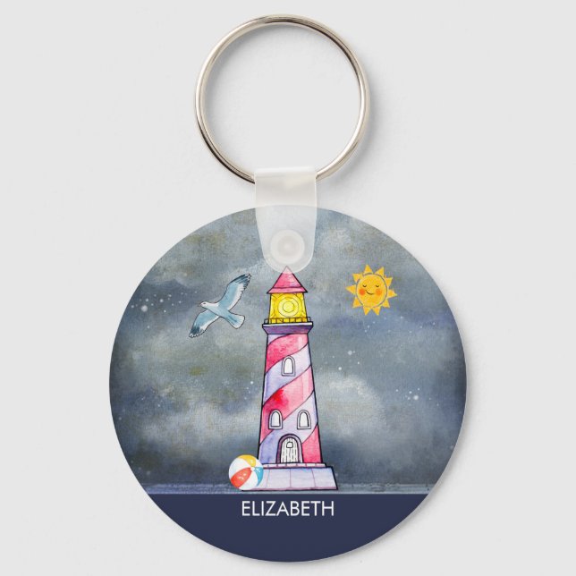 Red Lighthouse with a Stormy Background Key Ring (Front)