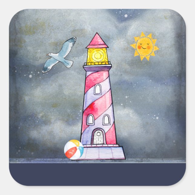 Red Lighthouse with a Stormy Background Square Sticker (Front)