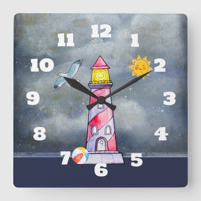 Red Lighthouse with a Stormy Background Square Wall Clock (Front)