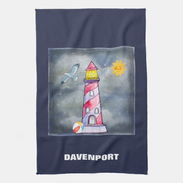 Red Lighthouse with a Stormy Background Tea Towel (Vertical)