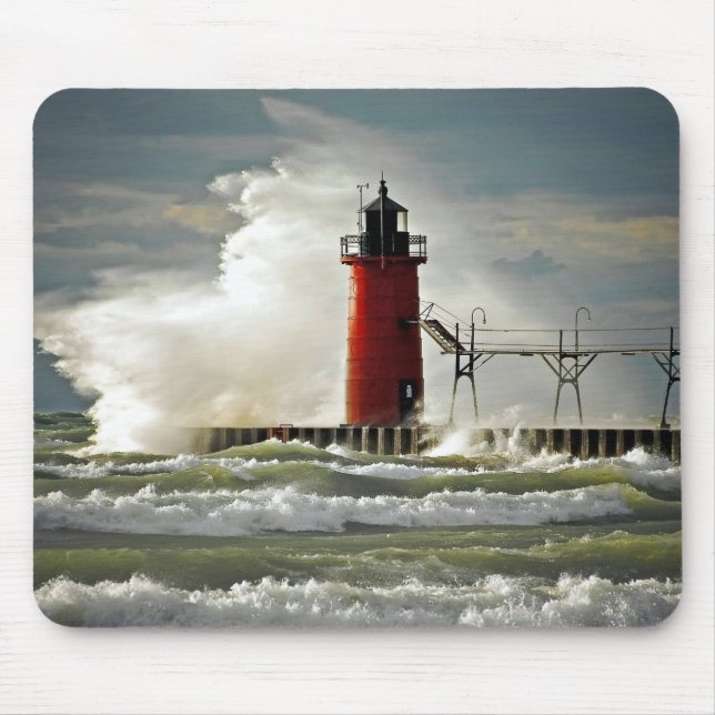 red lighthouse with big wave mouse mat (Front)