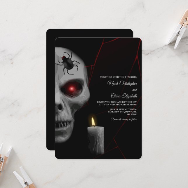 Red Lightning Skull Gothic Candle Halloween Dark Invitation (Front/Back In Situ)