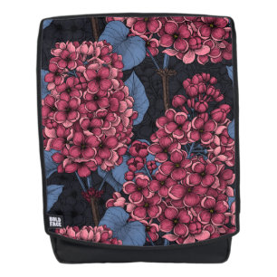 Red lilac on dark blue backpack