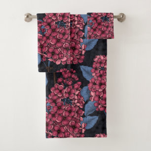 Red lilac on dark blue bath towel set