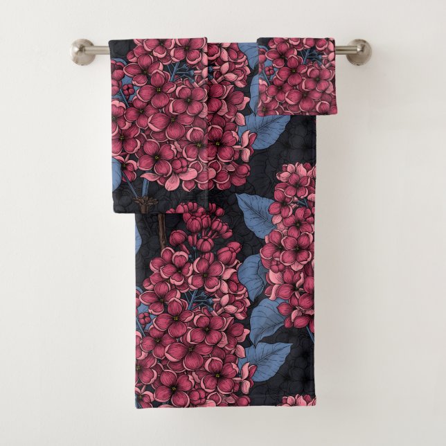 Red lilac on dark blue bath towel set (Insitu)