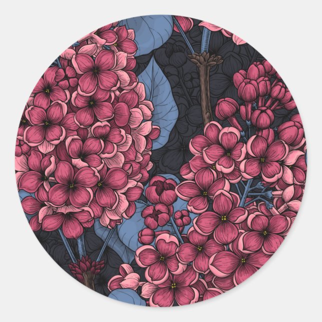 Red lilac on dark blue classic round sticker (Front)