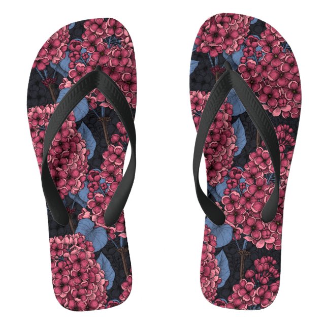 Red lilac on dark blue flip flops (Footbed)