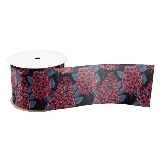 Red lilac on dark blue satin ribbon (Spool)