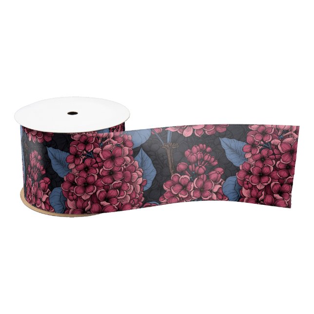 Red lilac on dark blue satin ribbon (Spool)