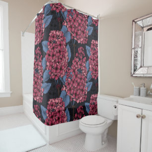 Red lilac on dark blue shower curtain