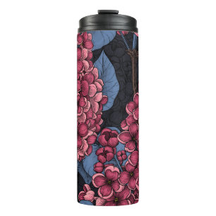 Red lilac on dark blue thermal tumbler