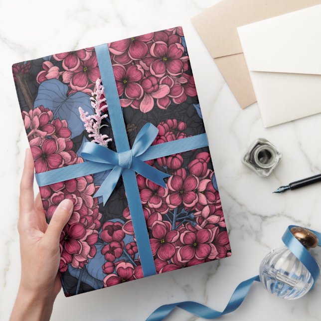 Red lilac on dark blue wrapping paper (Gifting)