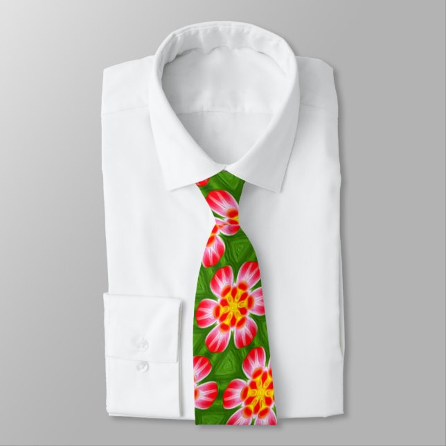 Red Lilies Pattern Tie (Tied)