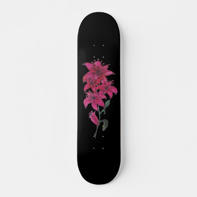 Red Lilies Watercolor Skateboard (Front)