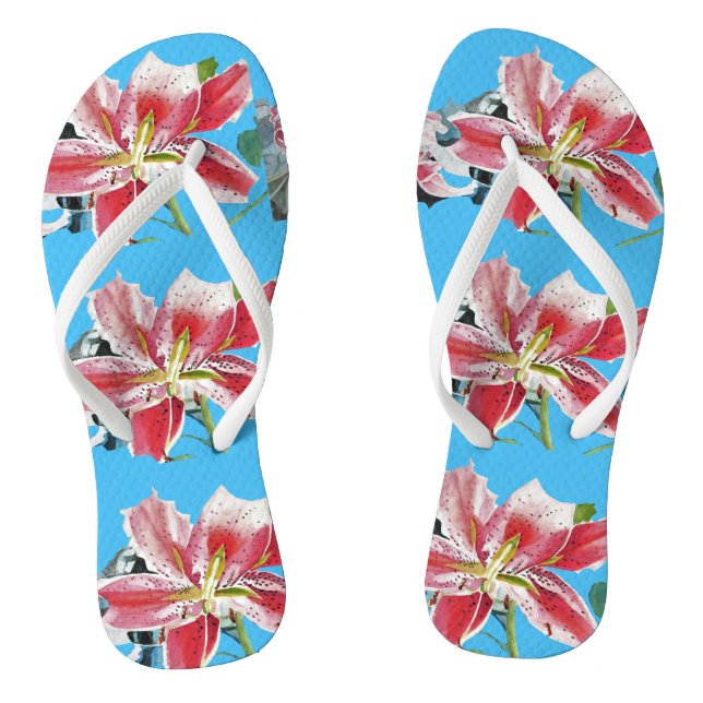 Red Lily Blue Floral Flowers Ladies Thongs (Footbed)