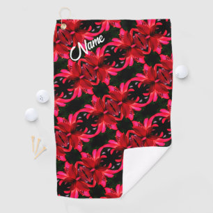 Red Lily Floral Abstract Pattern Personalised     Golf Towel