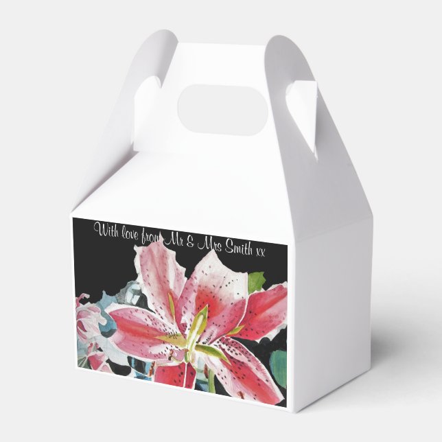 Red Lily Floral flowers Wedding Cake Favour Boxes (Front Side)