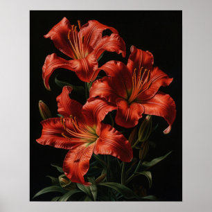 Red Lily Flowers Art Print Poster