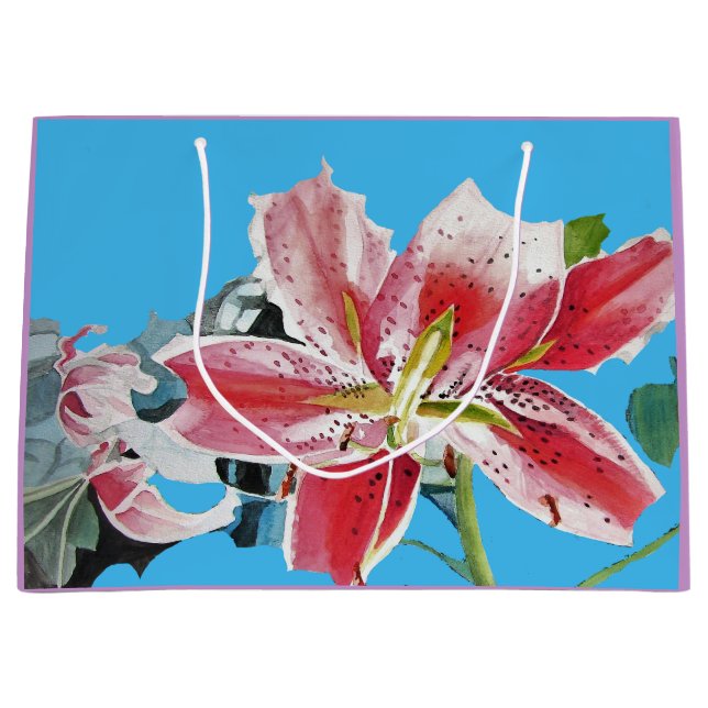 Red Lily Flowers Floral Watercolor Blue Gift Bag (Front)